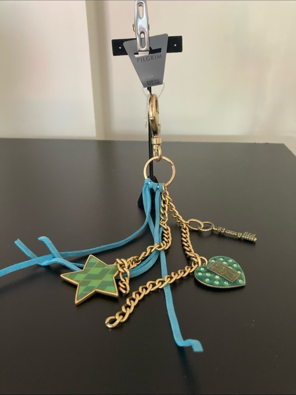 Pilgrim Gold-Tone Key & Card Holder with Green Charms and Turquoise Tassel